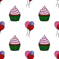 Seamless vector pattern featuring charming cupcakes with pink frosting and clusters of pink, blue, and red heart-shaped balloons on a white background, ideal for festive designs.