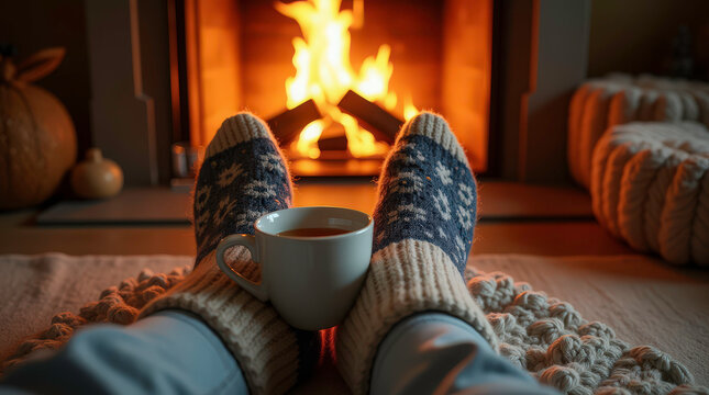 Feet in woollen socks by the Christmas fireplace. Woman relaxes by warm fire with a cup of hot drink and warming up her feet in woollen socks. Close up on feet. Winter and Christmas holidays concept - Powered by Adobe