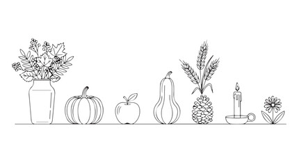 Hand drawn autumnal still life objects arranged line art outline elements for seasonal decor silhouette