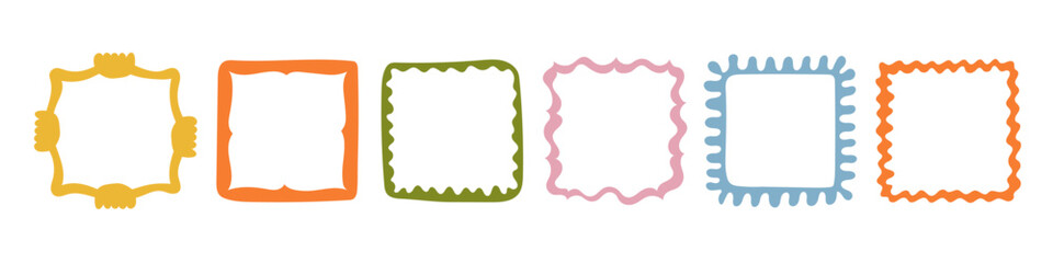 Doodle wave curve edge frame. Hand drawn wavy rectangle borders. Doodle brush drawn square and circle picture frame. Vector illustration isolated on white background.