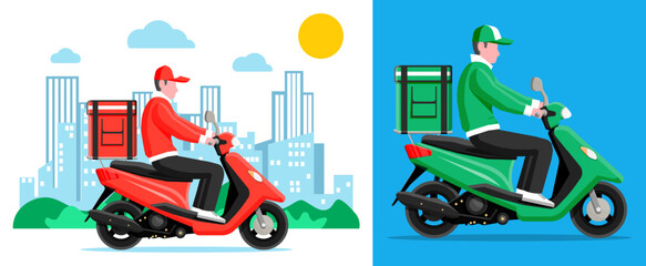 Man delivery worker driving scooter through city streets. Express food home delivery service. Bike shipment transport concept.