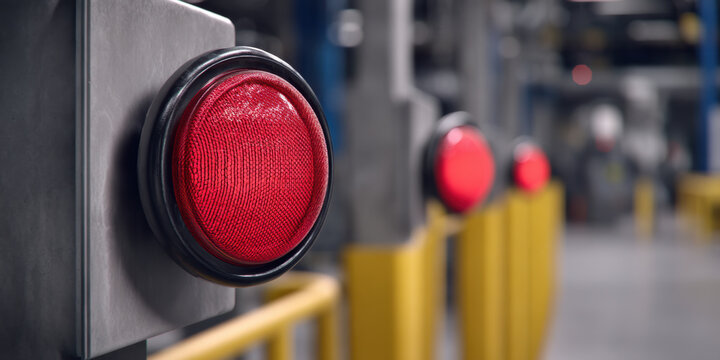close-up of red indicator lights in an industrial setting, signaling a stop or alert status within a facility.