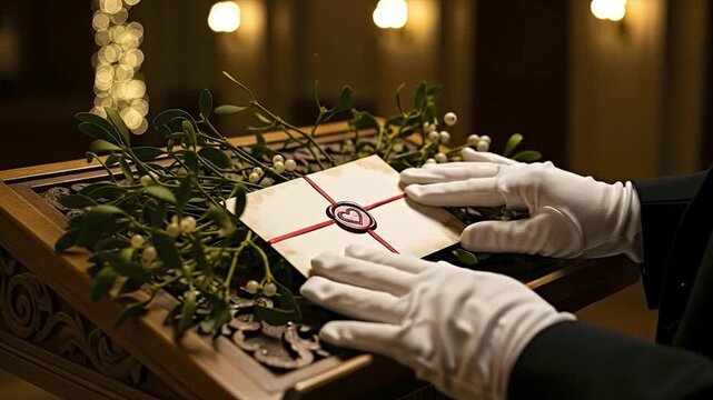 A person in white gloves places a letter with a red heart seal on an ornate wooden lectern adorned with mistletoe