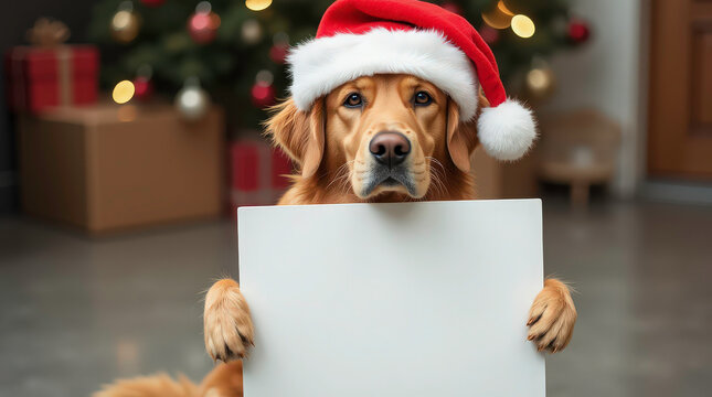 Golden Retriever wearing santa hat - christmas dog with blank sign