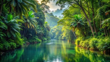 Lush tropical forest with a serene river winding through it in Southeast Asia