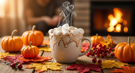 Fototapeta premium Cozy autumn scene with steaming hot chocolate, pumpkins, and colorful fall leaves by a warm fireplace.