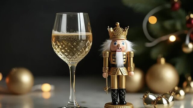Festive holiday scene featuring a glass of champagne and a golden nutcracker doll