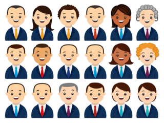 Cartoon businessman face with raised eyebrows, cute design, transparent background.