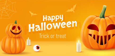 Halloween background with smiling pumpkins, bats and candle lights. Greeting card for party and sale. Autumn holidays.
