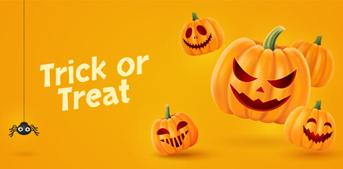 Halloween background with smiling pumpkins. Greeting card for party and sale. 
