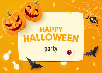Halloween background with smiling pumpkins. Greeting card for party and sale.