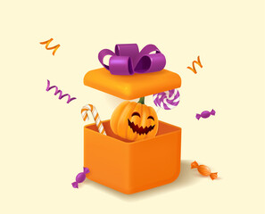 Halloween background with smiling pumpkin inside gift box and sweets.
