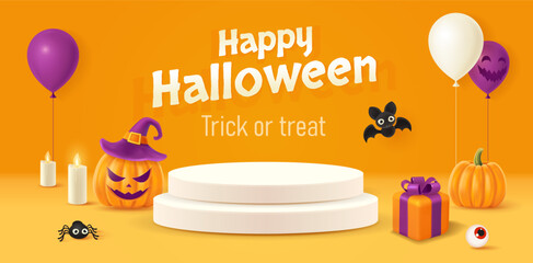 Halloween background with smiling pumpkin, 3d gift box, balloons, bat. Greeting card for party and sale. Autumn holidays.
