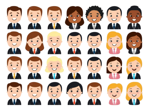 Professional cartoon businesswoman face with charming smile, isolated background.