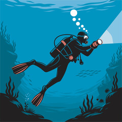 Underwater Exploration A Diver's Journey into the Deep Blue Sea with a Flashlight Adventure