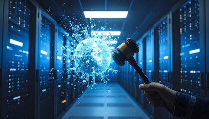 Digital Justice Data Breach Law Cybersecurity Court Courtroom Gavel and Abstract Globe in Server Room