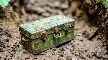 Antique Green Treasure Chest Surrounded by Earth and Foliage