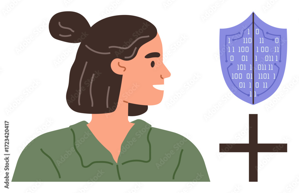Poster smiling woman next to shield with binary code and plus sign. ideal for cybersecurity, data protectio
