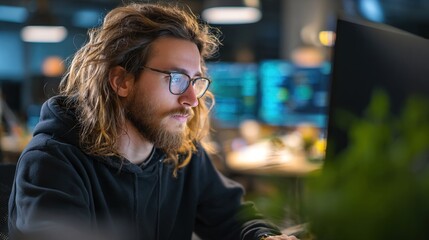 programmer. A programmer concentrating at a modern workspace with natural side lighting and a clean backdrop. product launch decks.