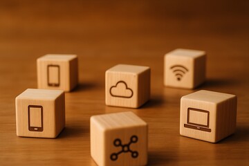 Wooden blocks with technology icons like smartphone, cloud, wifi, and laptop arranged on a wooden surface