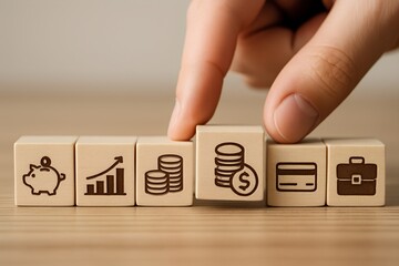 Hand stacking wooden blocks with financial icons like piggy bank, graph, coins, credit card, and briefcase