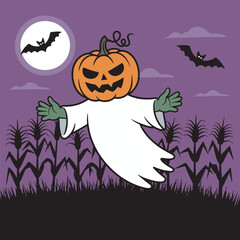 Friendly Pumpkin Ghost Character in Cornfield Scene for Autumn and Harvest Season