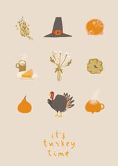 Happy Thanksgiving festive season card design. Autumn holiday event invitation template. Cute hand drawn illustrations in retro style. Vector give thanks fun poster design