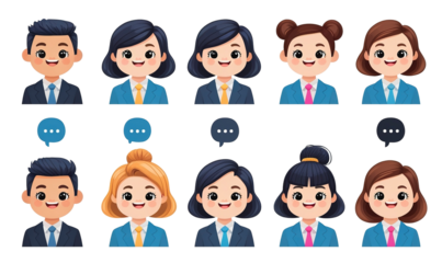 Cheerful businesswoman cartoon face in formal suit, playful style, isolated background.