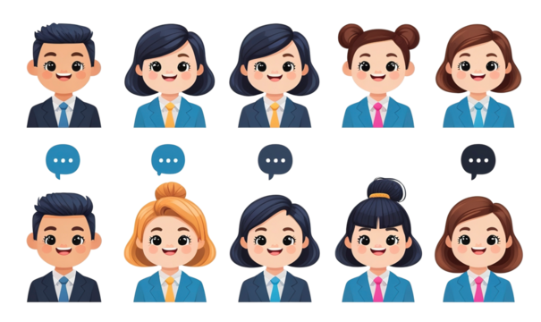Cheerful businesswoman cartoon face in formal suit, playful style, isolated background.