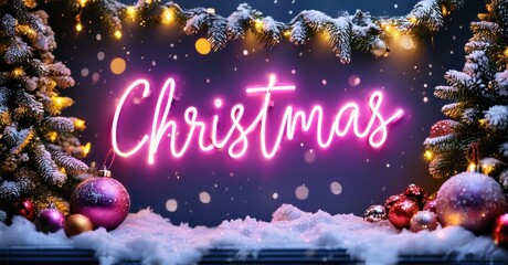 Festive scene depicts bright Christmas text. Snow covered trees, ornaments, lights create winter holiday mood. Vibrant colors dominate composition.
