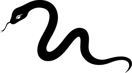 Fototapeta premium A black snake with its tongue out, slithering and looking to the left, isolated on white background, creating a striking and simple design