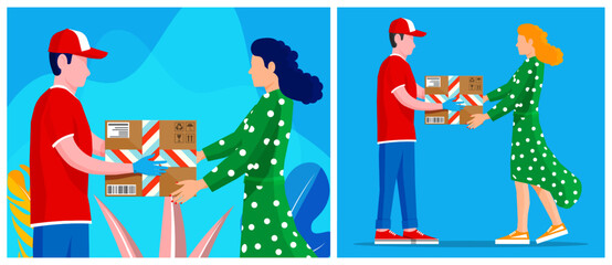 Courier men delivering and taking packages to women. Delivery service concept for online shopping. Package shipping illustration for e-commerce.