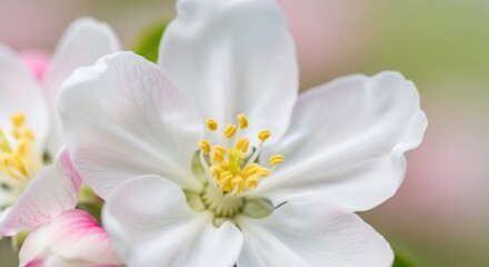 Close-up of a delicate white apple blossom with vibrant yellow stamens, showcasing the intricate details of its petals and pistil against a soft, blurred background.