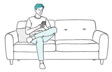 自宅のソファに座ってスマートフォンを操作している若い男性のおしゃれな線画アイコンベクターイラスト / スマホ / 家 / ラインアート