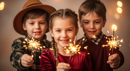 Three joyful children holding sparklers, celebrating a festive occasion with bright lights and smiles.