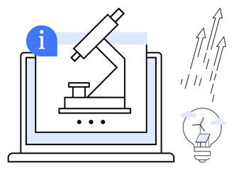 Microscope on laptop screen symbolizes scientific discovery. Light bulb with solar panel sparks innovation ideas. Upward arrows represent growth. Ideal for education, research, technology