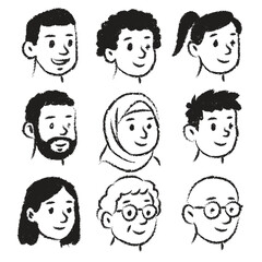 hand drawn crayon style people face set