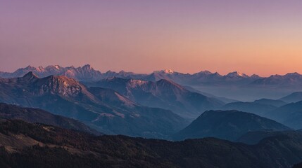 alpine. Panoramic alpine landscape at dusk with warm golden light on mountain peaks. travel magazines, destination branding, designed for outdoor magazines and nature guides.
