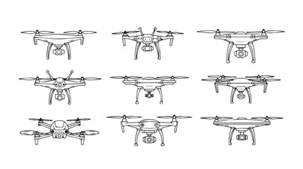 Collection of nine drone quadcopter aerial vehicle designs outlined top view silhouette