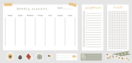 Cozy autumn weekly planner template with daily checklist and notes section. Fall printable stationery design for organization. Cute stickers and decorative elements in soft neutral autumn colors