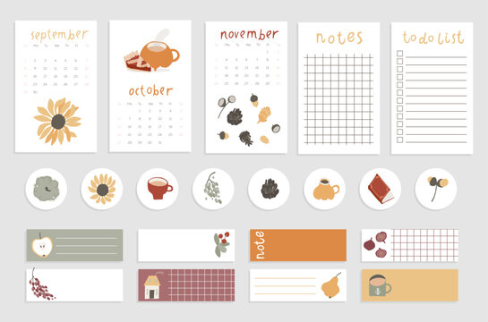 Cozy autumn weekly planner template with daily checklist and notes section. Fall printable stationery design for organization. Cute stickers and decorative elements in soft neutral autumn colors