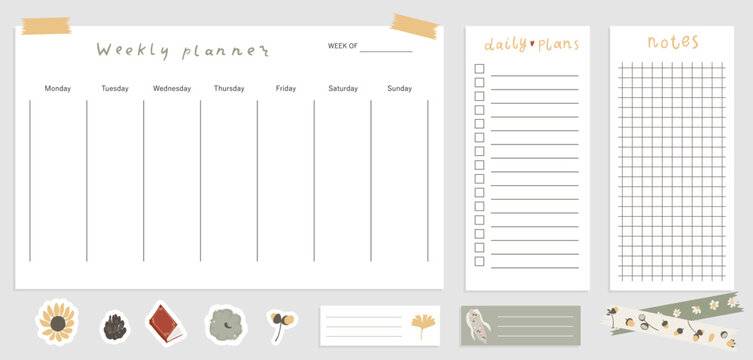 Cozy autumn weekly planner template with daily checklist and notes section. Fall printable stationery design for organization. Cute stickers and decorative elements in soft neutral autumn colors