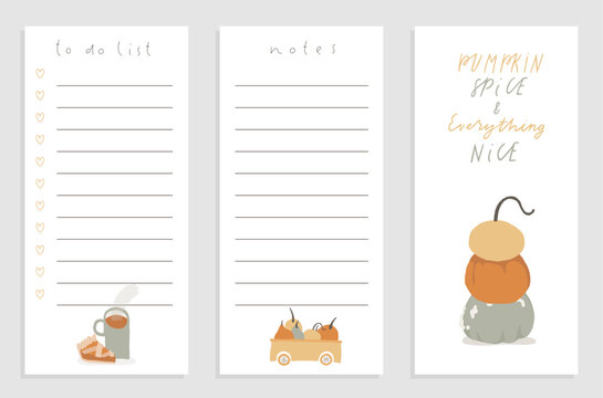 Cozy autumn weekly planner template with daily checklist and notes section. Fall printable stationery design for organization. Cute stickers and decorative elements in soft neutral autumn colors