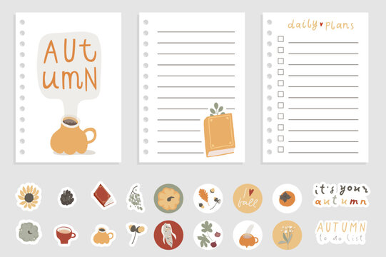 Cozy autumn weekly planner template with daily checklist and notes section. Fall printable stationery design for organization. Cute stickers and decorative elements in soft neutral autumn colors
