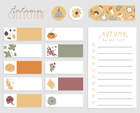 Cozy autumn weekly planner template with daily checklist and notes section. Fall printable stationery design for organization. Cute stickers and decorative elements in soft neutral autumn colors