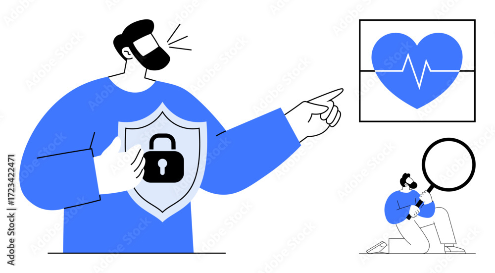 Poster a man holding a shield with a lock, pointing to a heart with a cardiogram, another figure using a ma