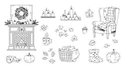 Cozy autumn hearth and home elements for seasonal decorating and crafts silhouette