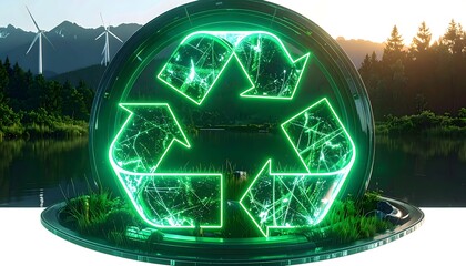 Futuristic glowing green recycling symbol encased in glass dome with wind turbines and lush forest background representing environmental sustainability and renewable energy