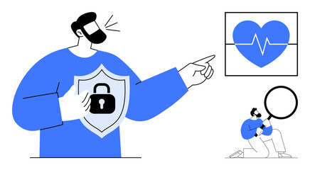 A man holding a shield with a lock, pointing to a heart with a cardiogram, another figure using a magnifying glass. Ideal for cybersecurity, healthcare, privacy, technology, safety, compliance
