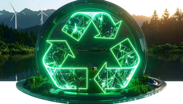 Futuristic glowing green recycling symbol encased in glass dome with wind turbines and lush forest background representing environmental sustainability and renewable energy